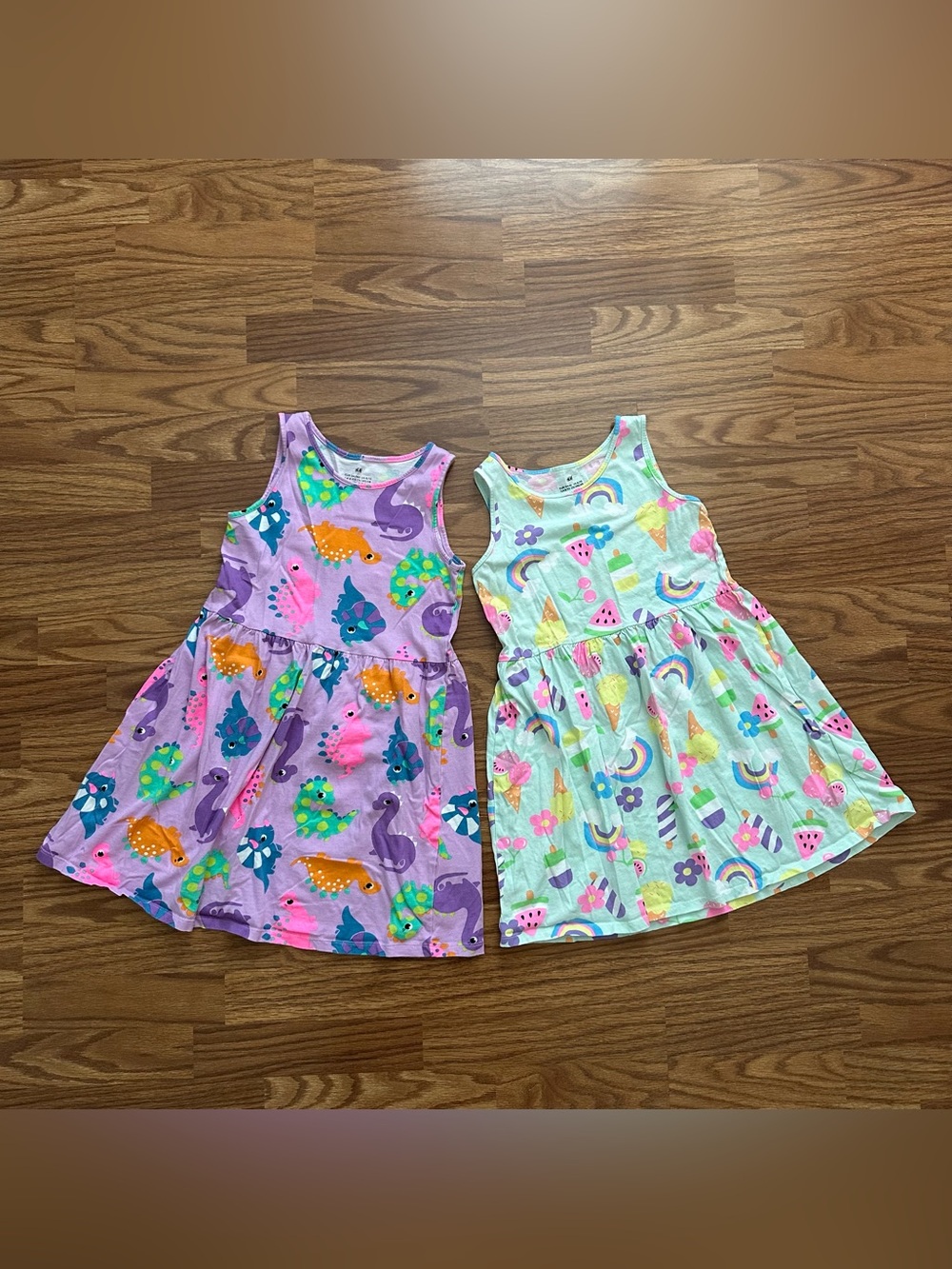 Bundle 2x H&M Girls 8-10 Sleeveless Cotton Summer Dress Dinosaur Mint Purple EUC